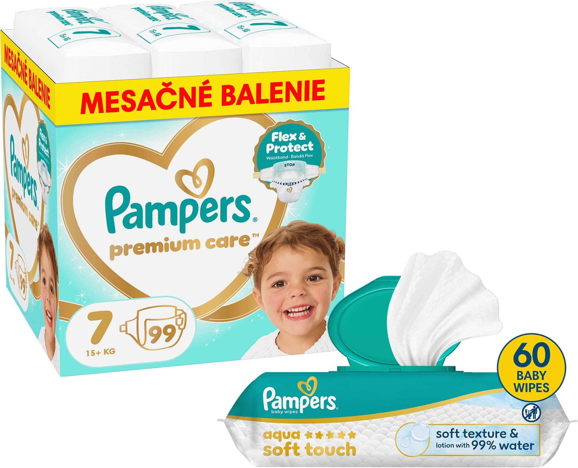 PAMPERS Premium Care veľ. 7 (99 ks) + PAMPERS Aqua Soft Touch 60 ks