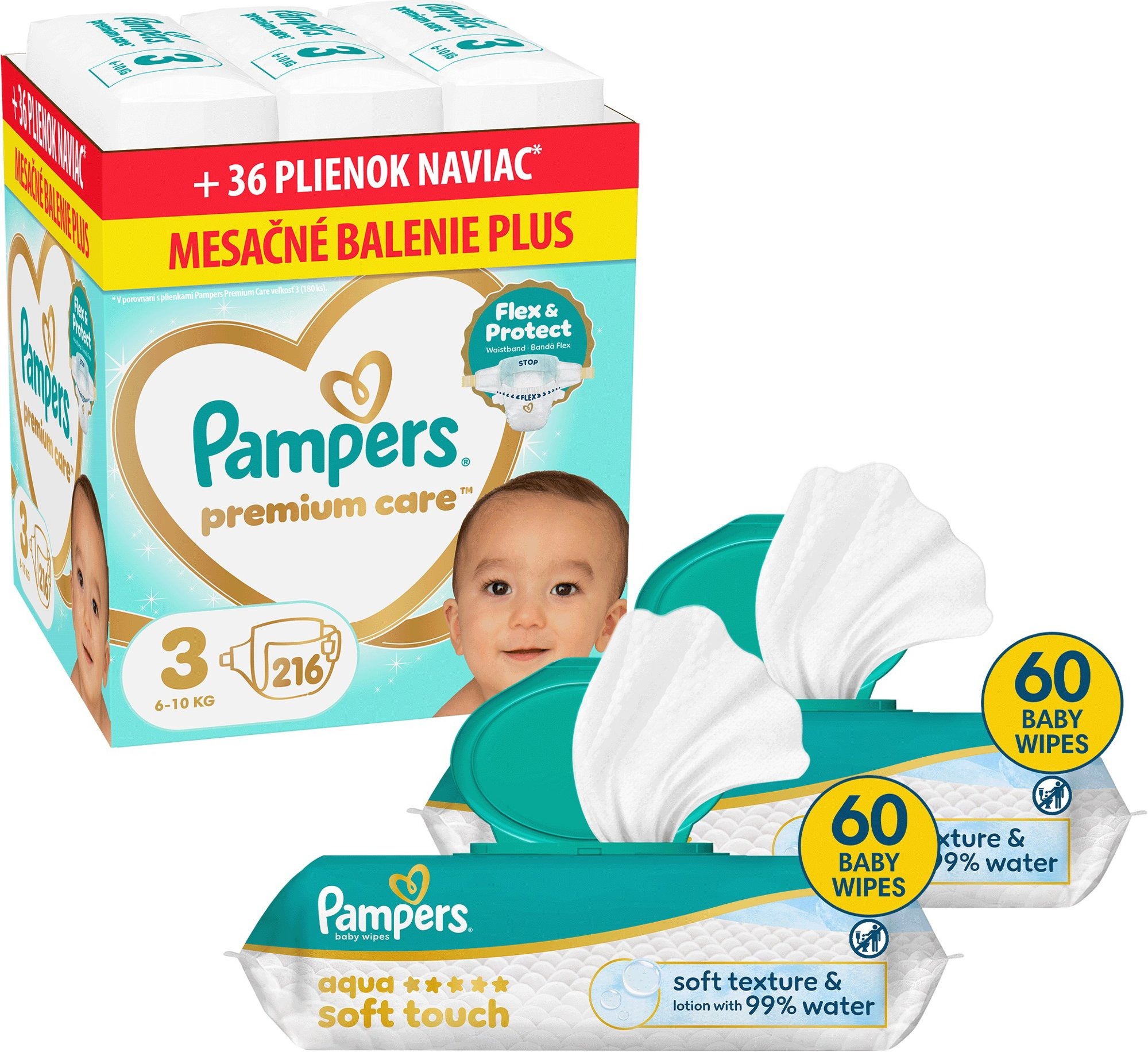 PAMPERS Premium Care vel. 3 (216 ks) + PAMPERS Aqua Soft Touch 120 ks (2× 60 ks)