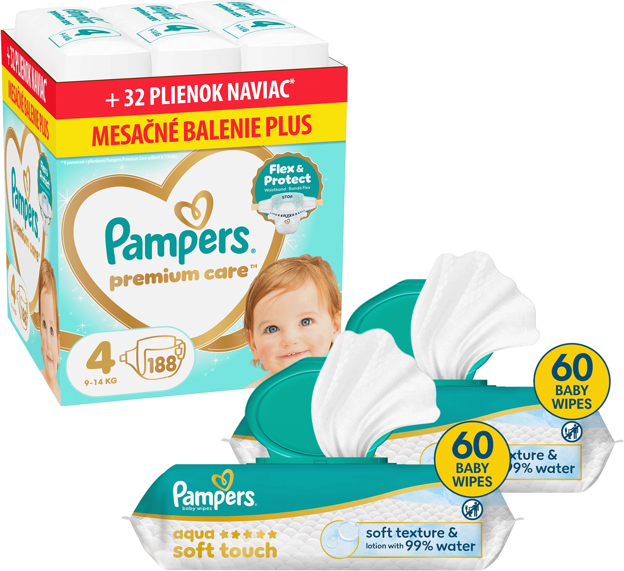 PAMPERS Premium Care vel. 4 (188 ks) + PAMPERS Aqua Soft Touch 120 ks (2× 60 ks)