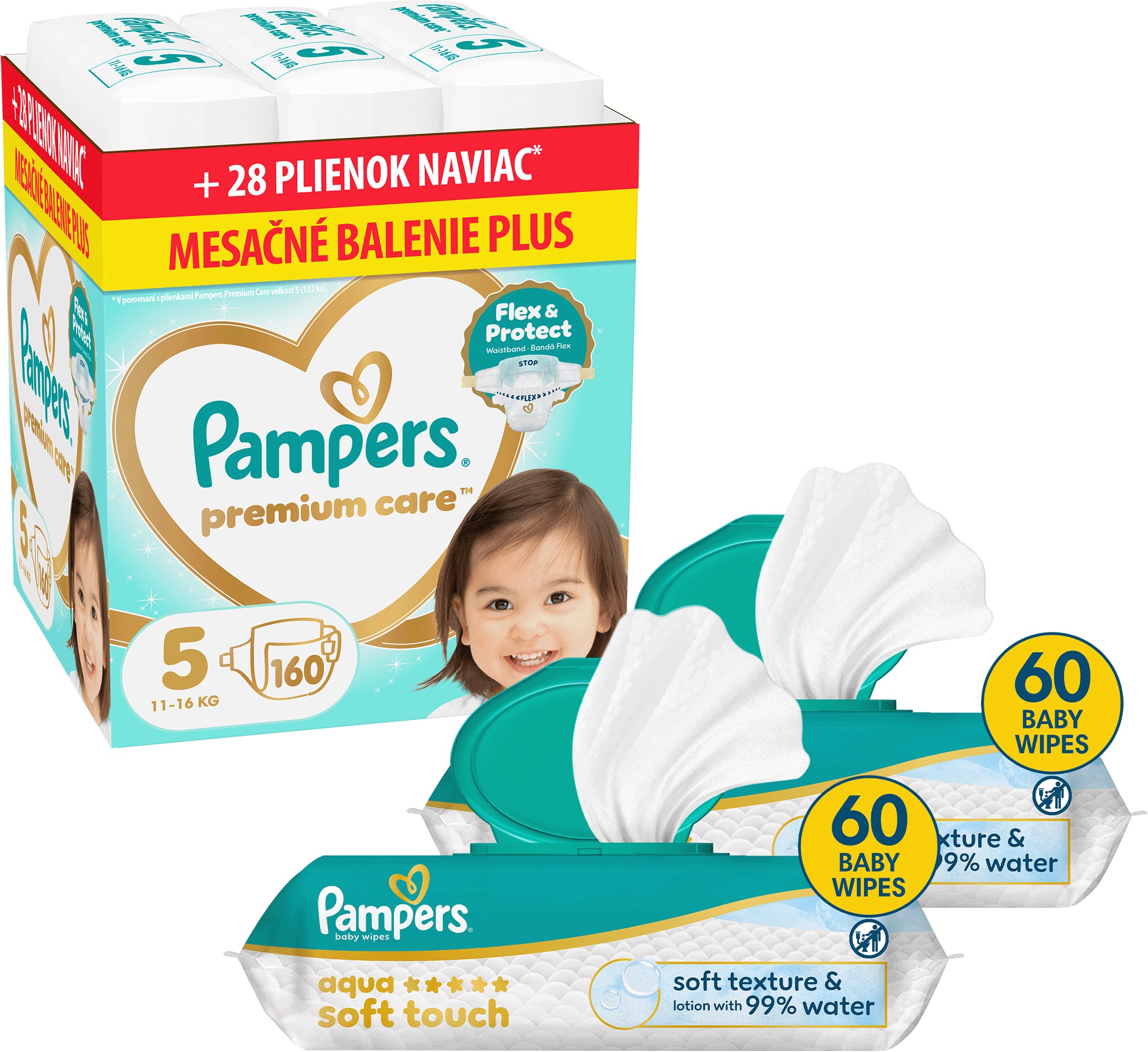PAMPERS Premium Care vel. 5 (160 ks) + PAMPERS Aqua Soft Touch 120 ks (2× 60 ks)