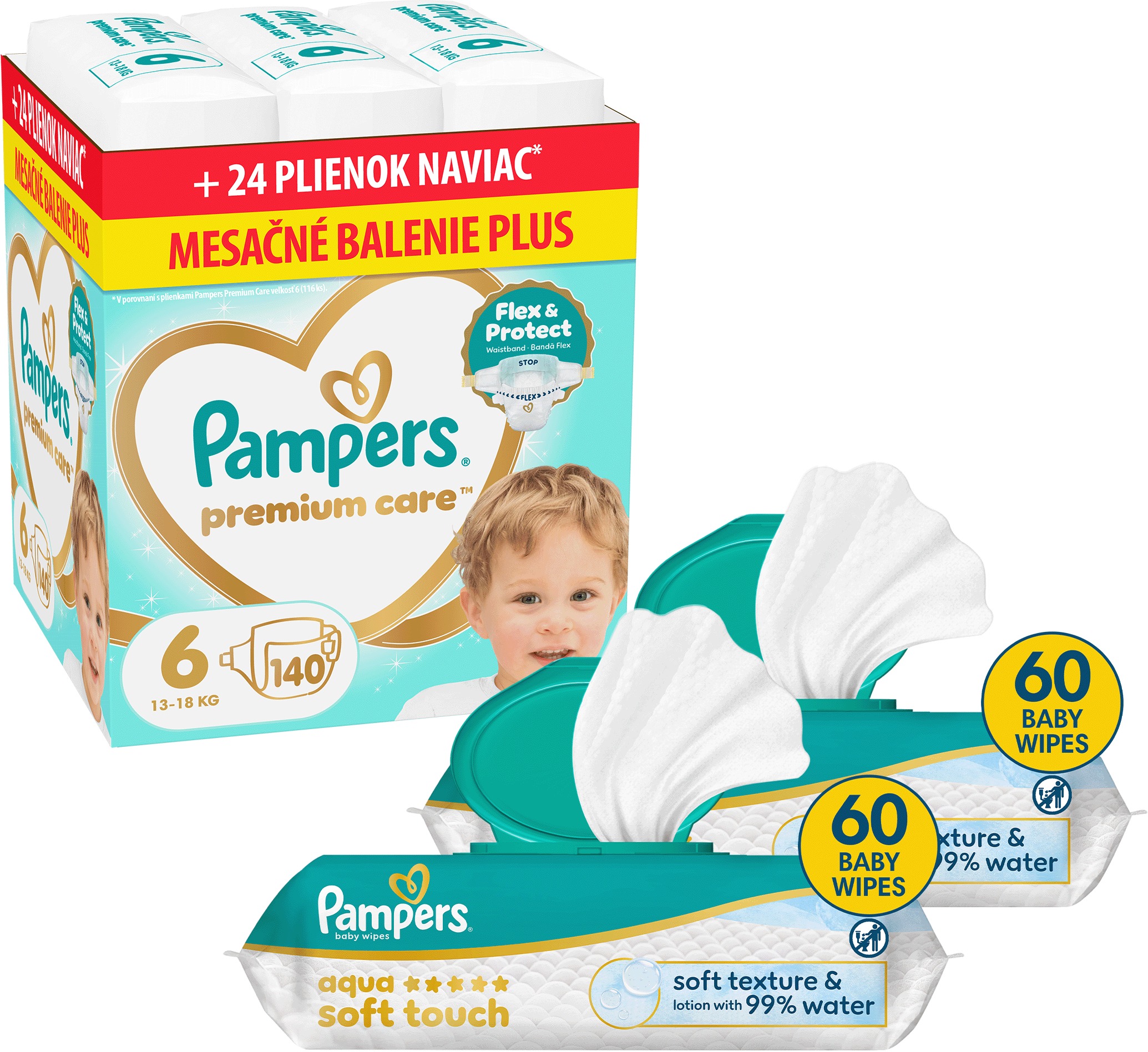 PAMPERS Premium Care vel. 6 (140 ks) + PAMPERS Aqua Soft Touch 120 ks (2× 60 ks)