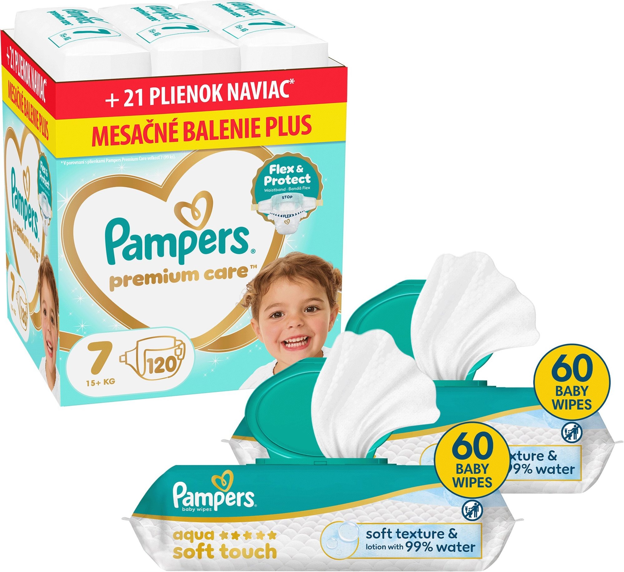 PAMPERS Premium Care vel. 7 (120 ks) + PAMPERS Aqua Soft Touch 120 ks (2× 60 ks)