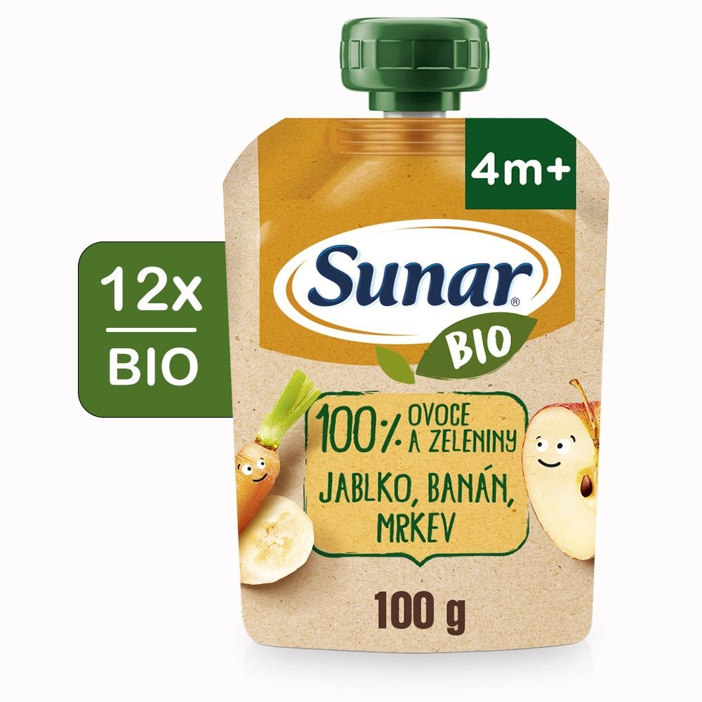 Sunar BIO ovocná kapsička jablko, banán, mrkva 4m+, 12× 100 g