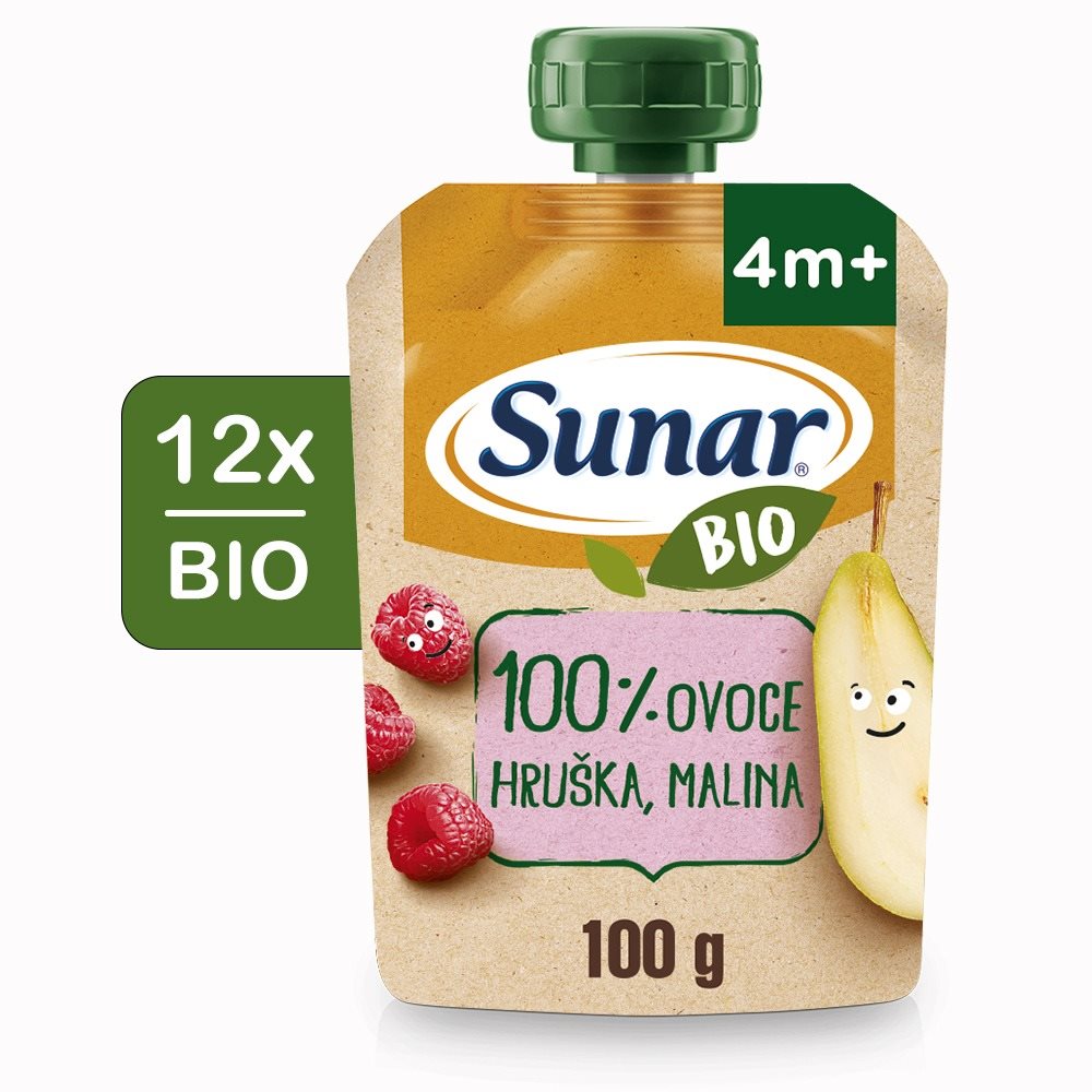 Sunar BIO ovocná kapsička hruška, malina 4m+, 12× 100 g