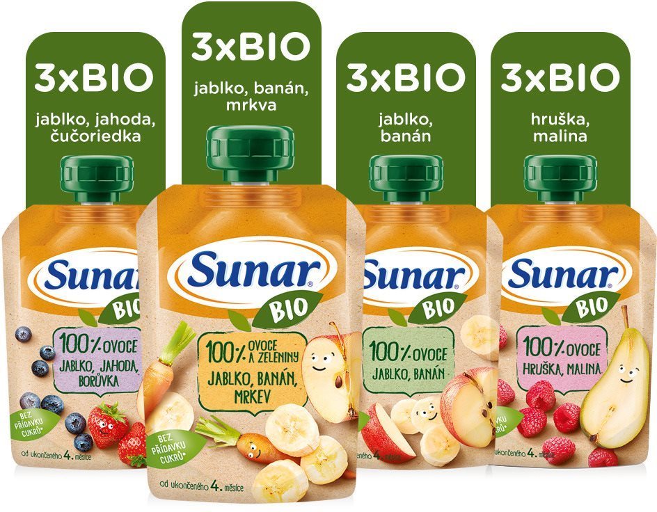 Sunar BIO ovocná kapsička mix príchutí 4m+, 100 g