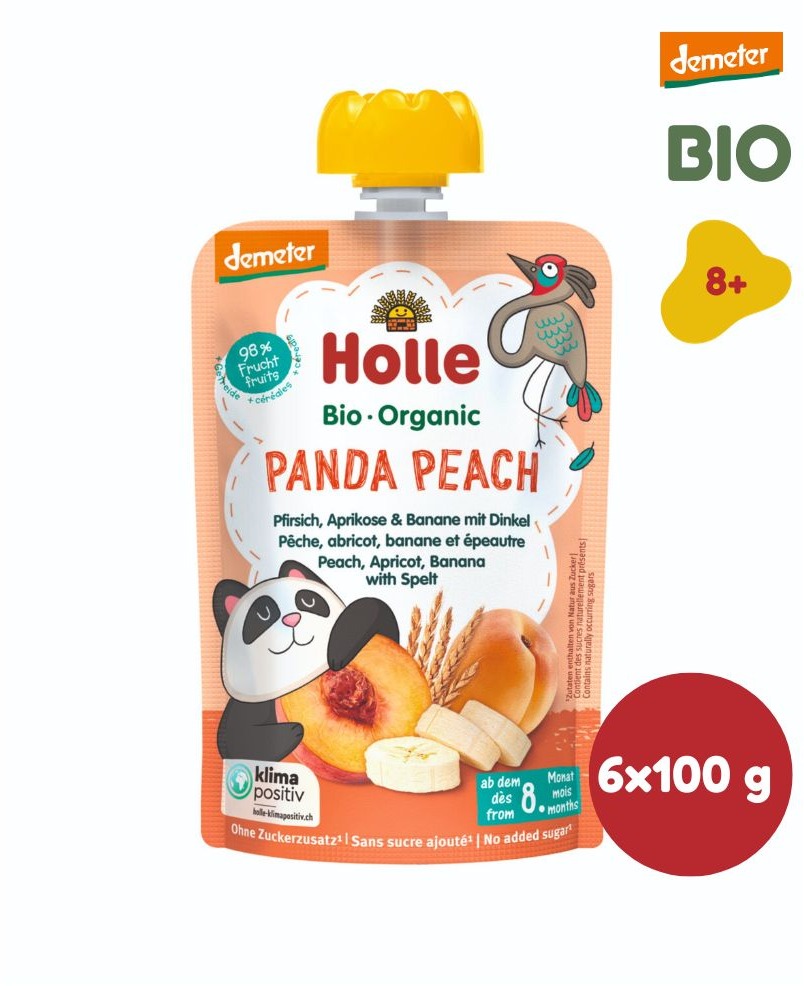 HOLLE Panda Peach BIO broskyňa marhuľa banán špalda 6× 100 g
