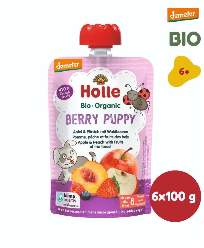 HOLLE Berry Puppy BIO jablko broskyňa a lesné plody 6× 100 g