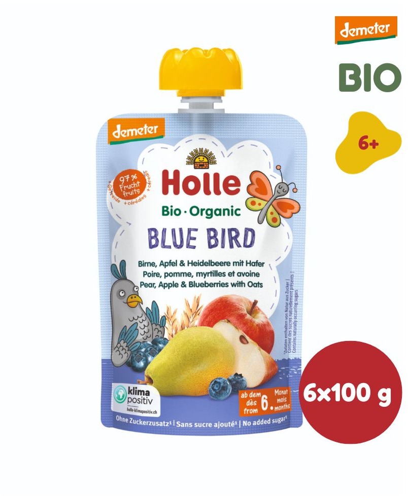 HOLLE Blue Bird BIO hruška jablko čučoriedky a vločky 6× 100 g