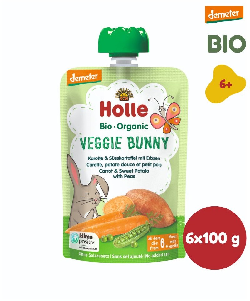 HOLLE Veggie Bunny BIO pyré mrkva bataty a hrášok 6× 100 g