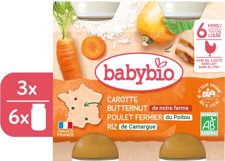 BABYBIO Mrkva s maslovou tekvícou, kuraťom a ryžou 3× (2× 200 g)