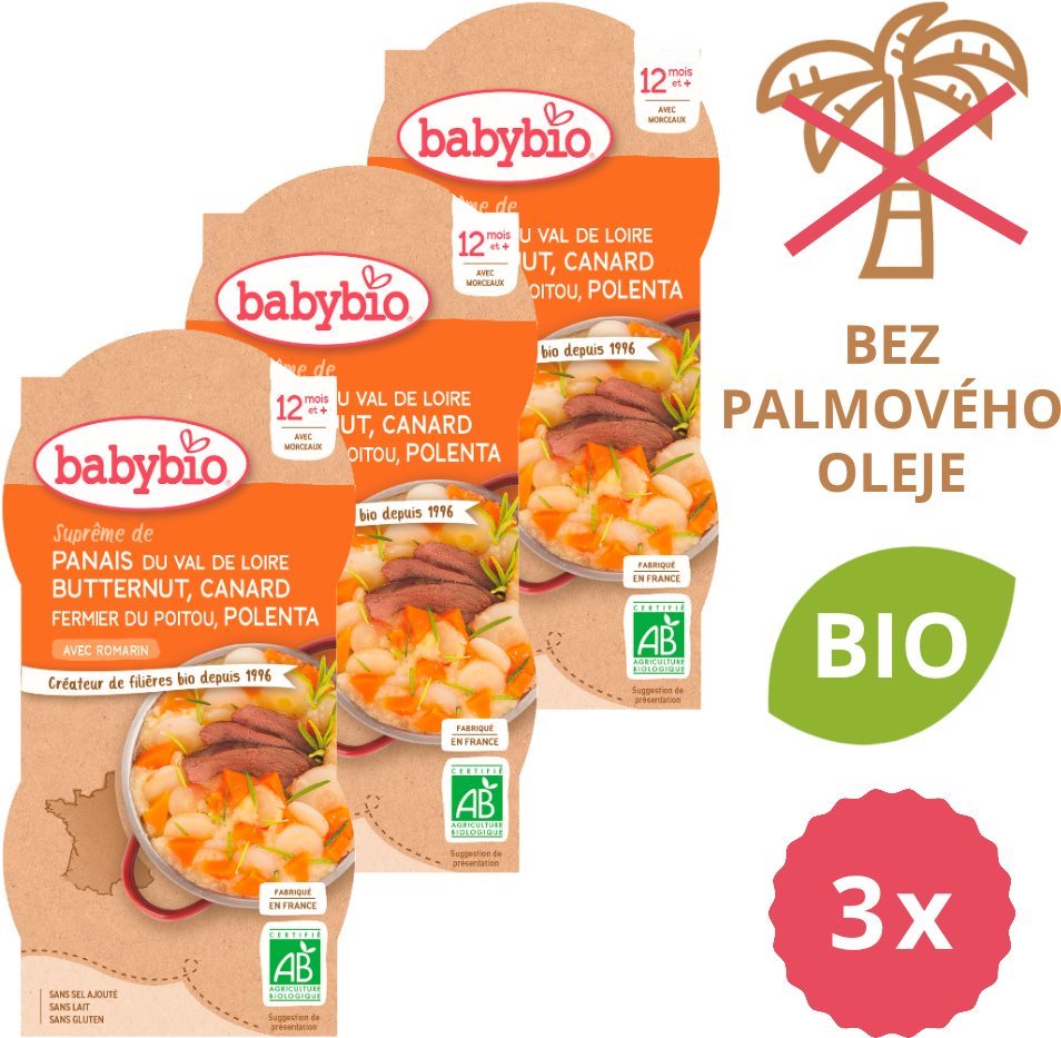 BABYBIO Paštrnák s maslovou tekvicou, kačicou a polentou 3× (2× 200 g)