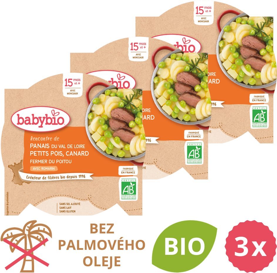 BABYBIO Paštrnák s hráškom a farmárskou kačicou 3× 260 g