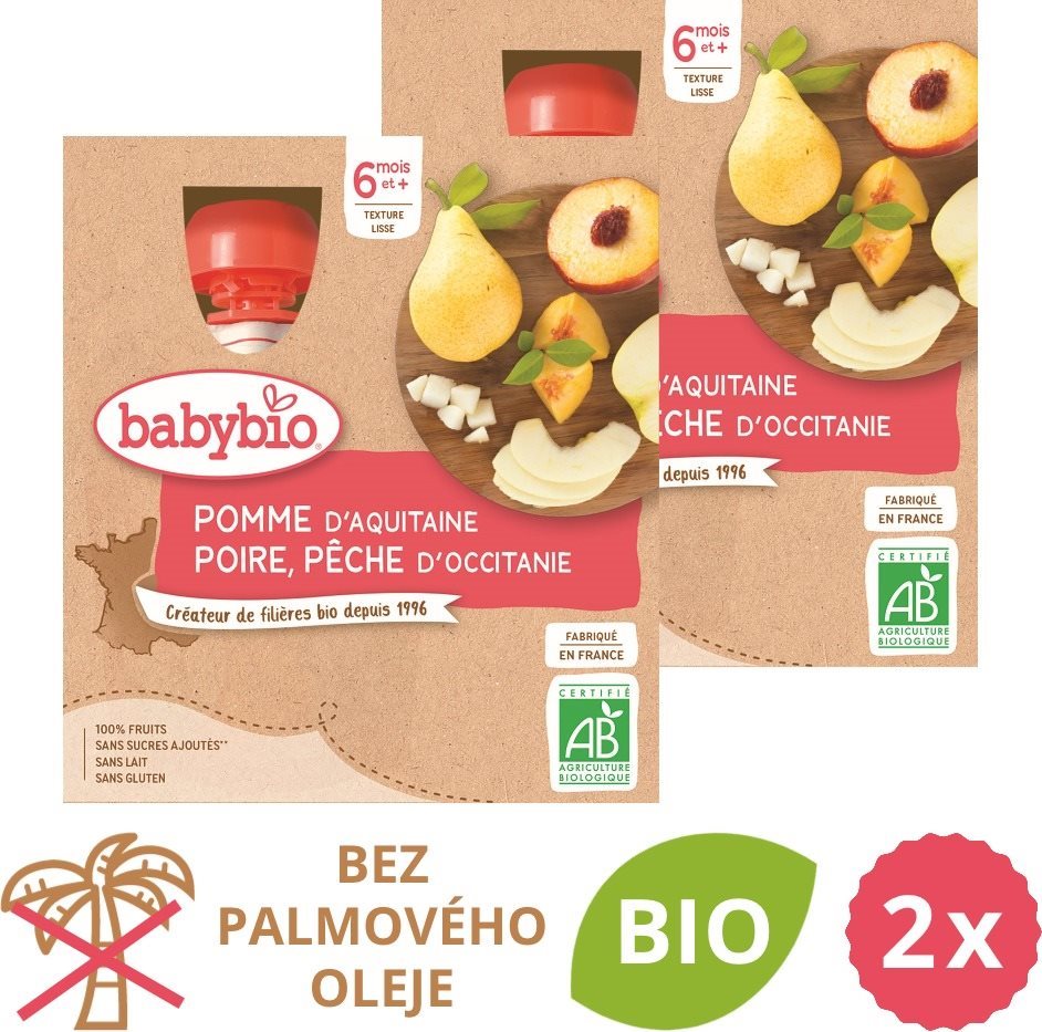 BABYBIO jablko, hruška a broskyňa 2× (4× 90 g)