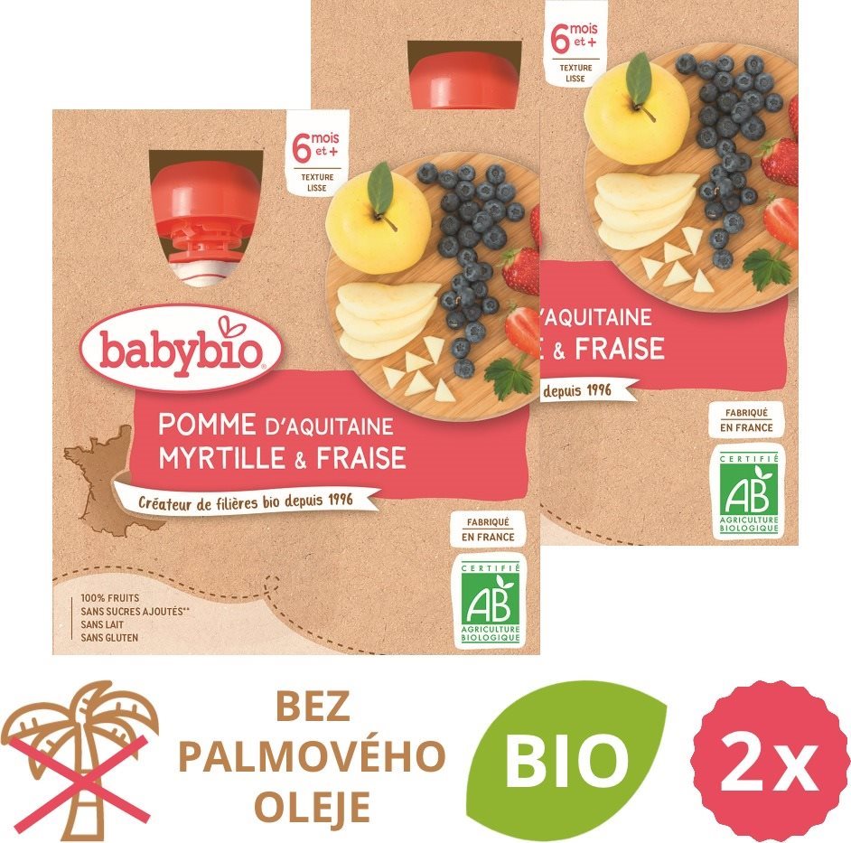 BABYBIO Jablko, čučoriedky a jahody 2× (4× 90 g)