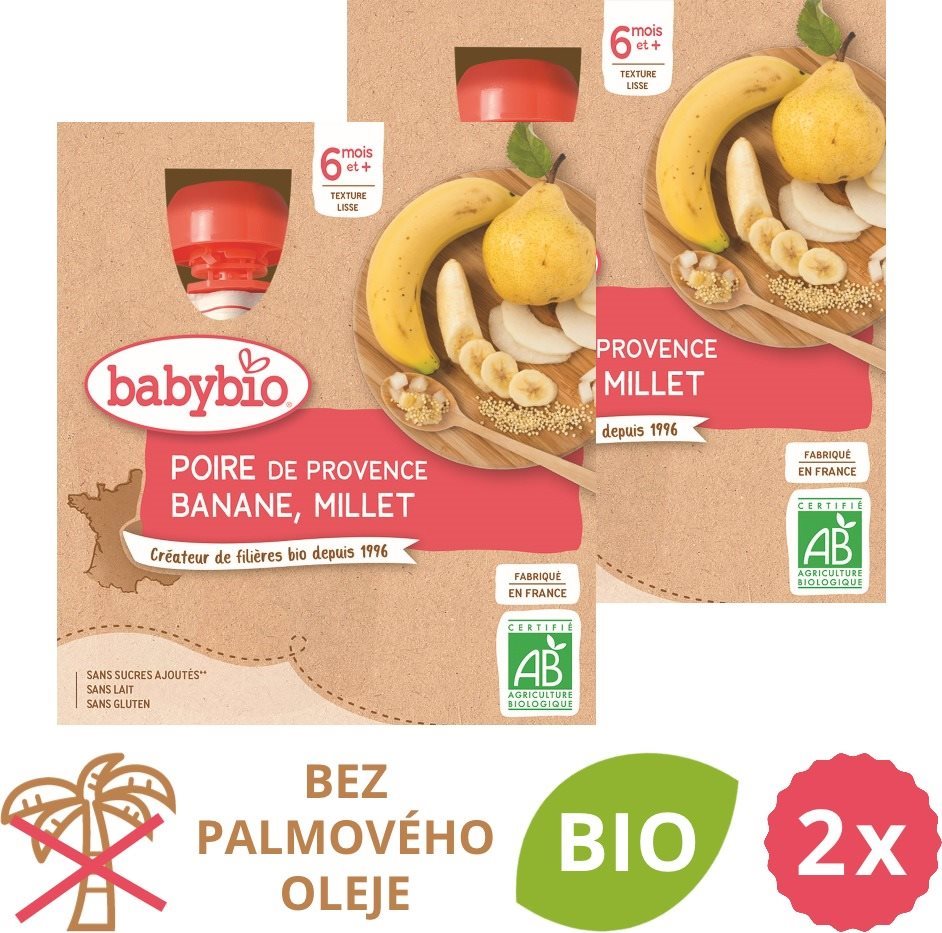 BABYBIO Hruška, banán a proso 2× (4× 90 g)