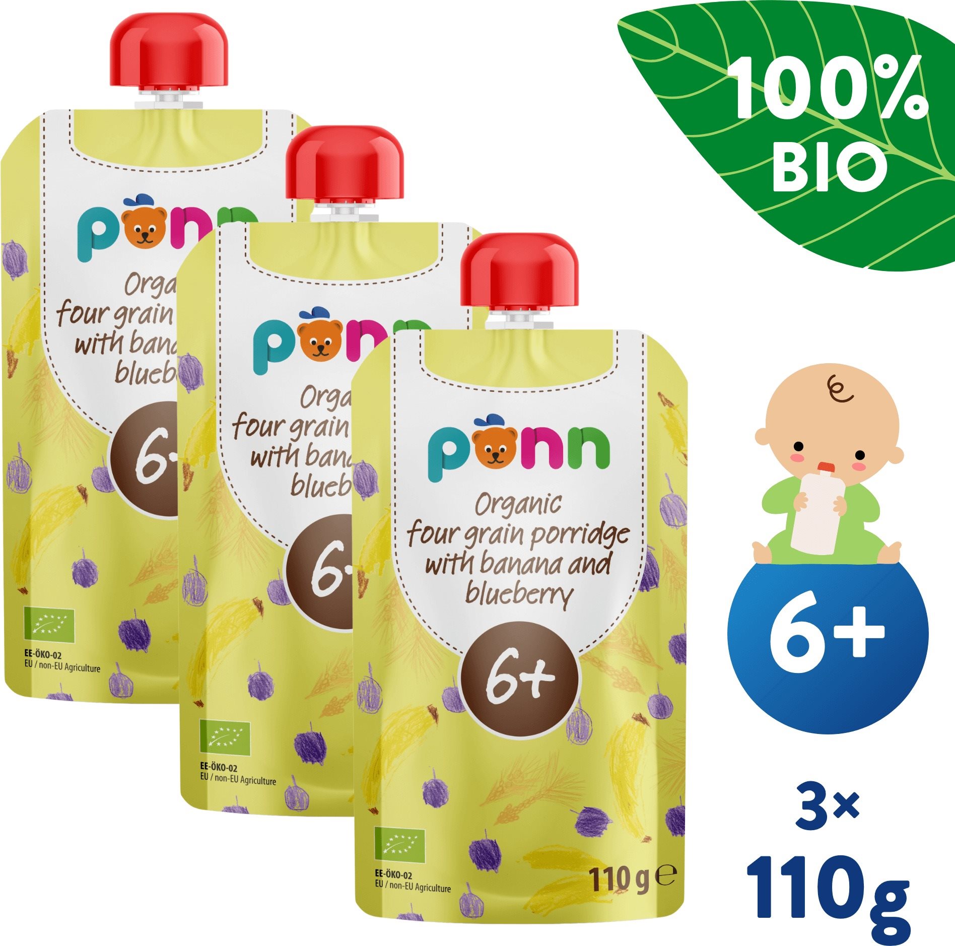 SALVEST Ponn BIO Banán s čučoriedkou a obilnými vločkami 3× 110 g