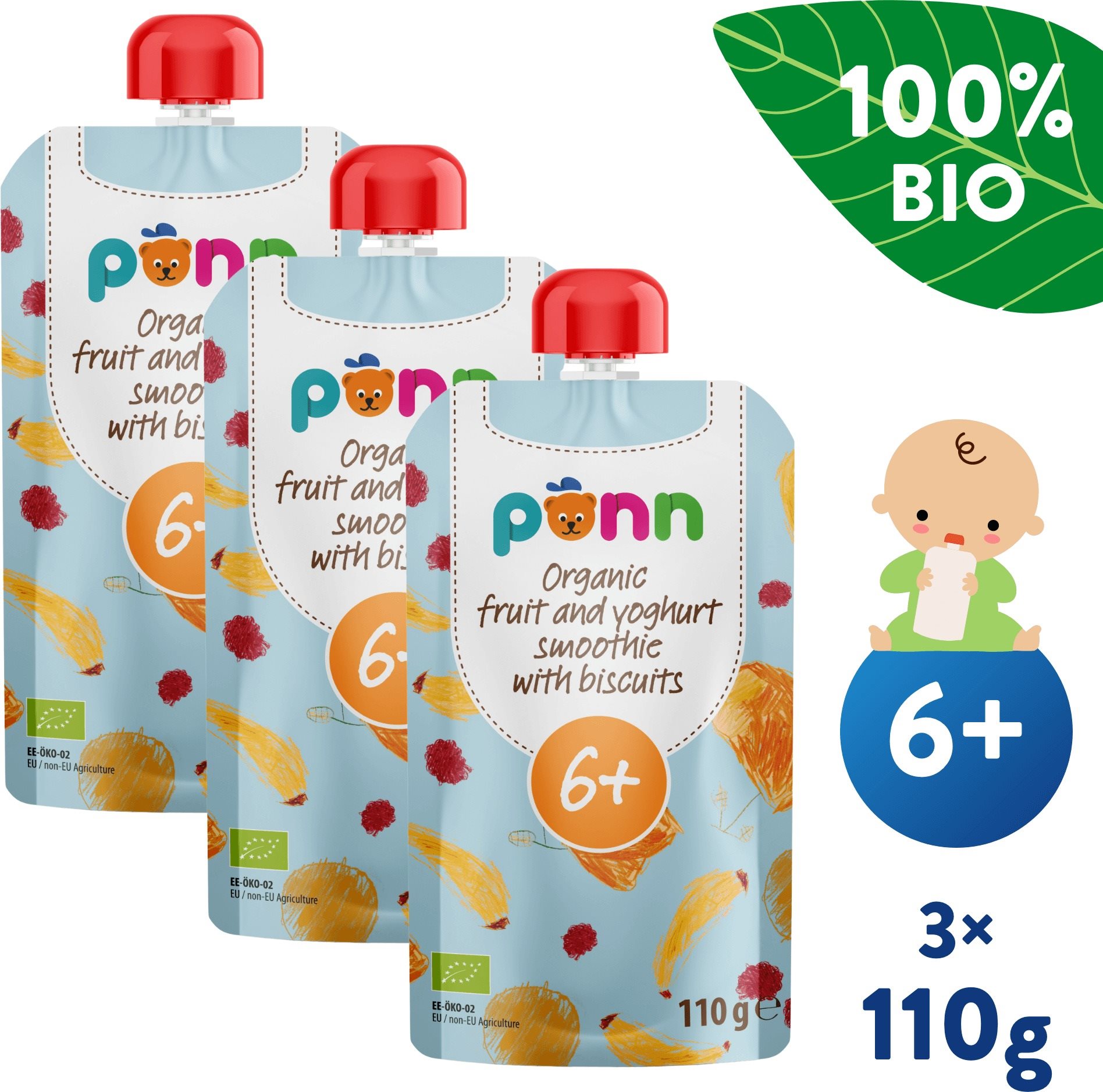 SALVEST Ponn BIO Ovocné smoothie s jogurtom a sušienkami 3× 110 g