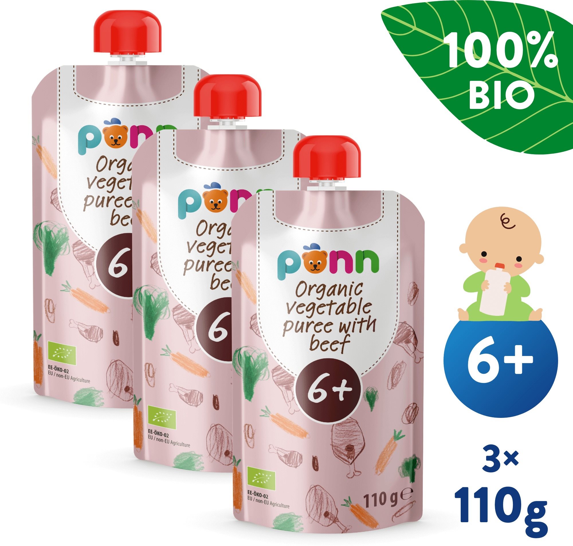 SALVEST Ponn BIO Hovädzie mäso so zeleninovým pyré 3× 100 g