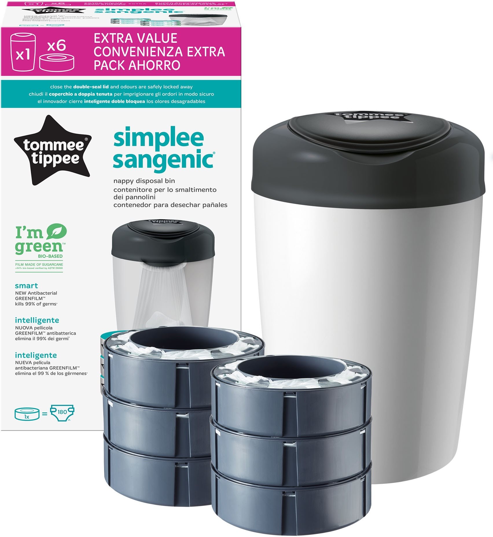Tommee Tippee Sangenic Simplee kôš na plienky + 6× kazeta, sivý