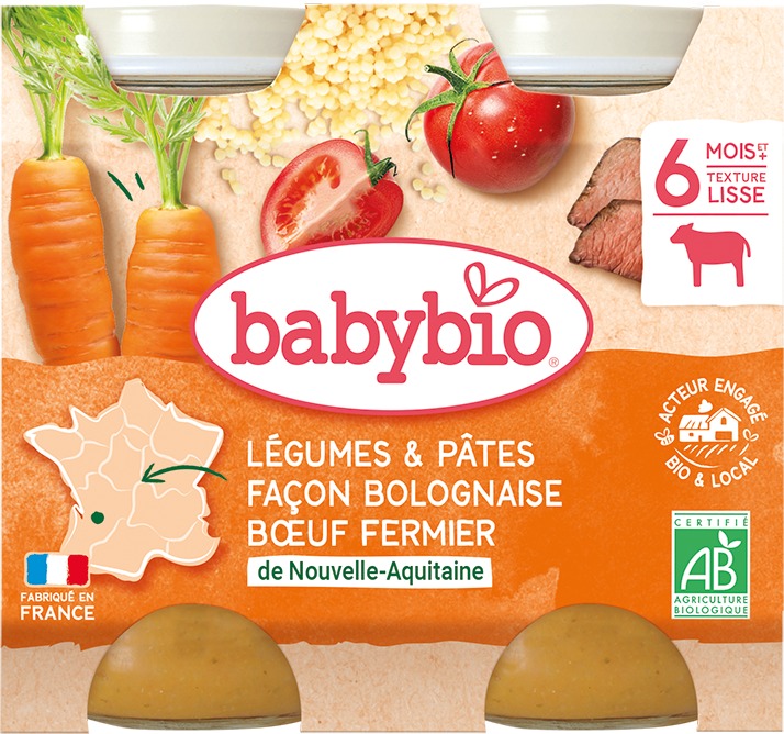 BABYBIO, Zelenina s cestovinami na bolonský spôsob, s farmárskym hovädzím mäsom, 2× 200 g