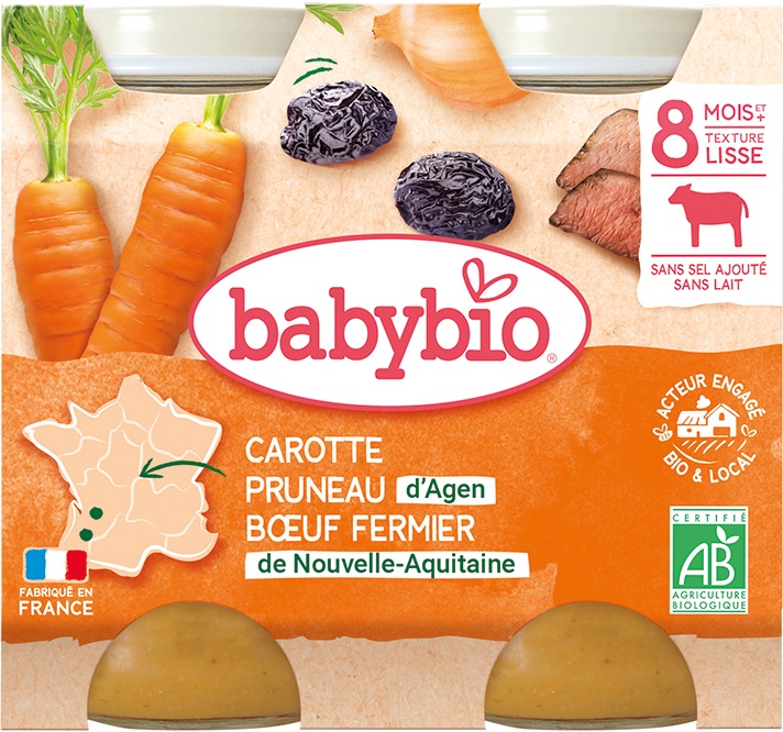 BABYBIO, Mrkva a suš. slivky s hovädzím mäsom, 2× 200 g