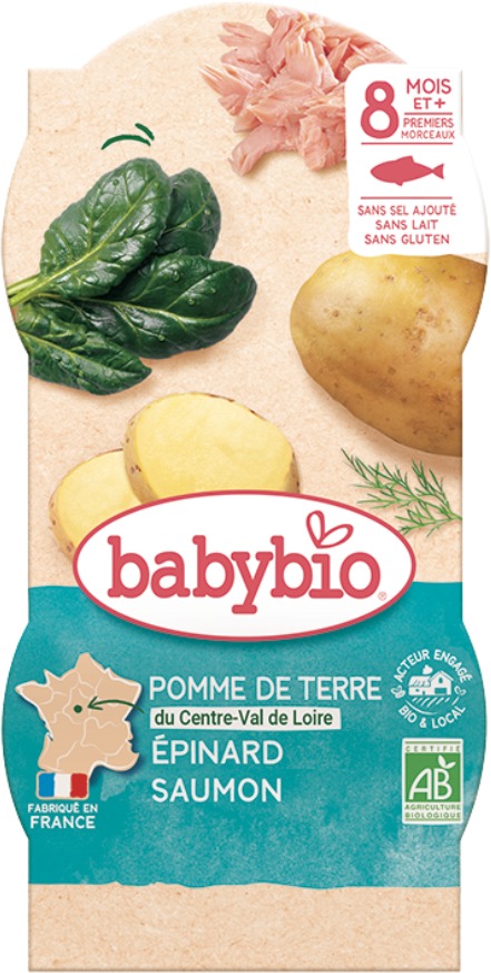 BABYBIO, Zemiaky a špenát s lososom a ryžou, 2× 200 g