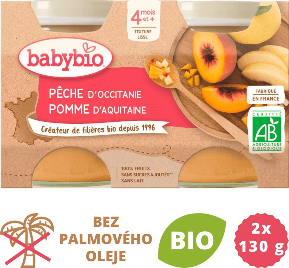 BABYBIO, Broskyňa, jablko, 2× 130 g