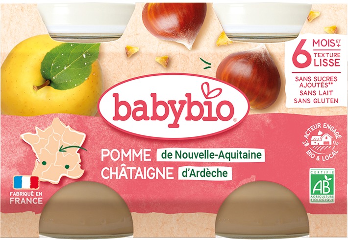 BABYBIO, Jablko s gaštanovým pyré, 2× 130 g