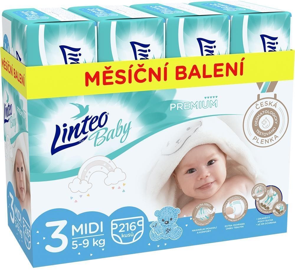 LINTEO Baby Prémium MIDI (5 – 9 kg) 216 ks