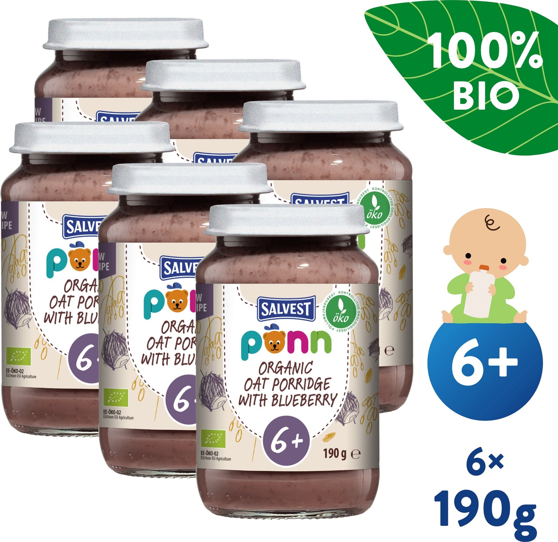SALVEST Ponn BIO Čučoriedky s ovsenými vločkami (6× 190 g)