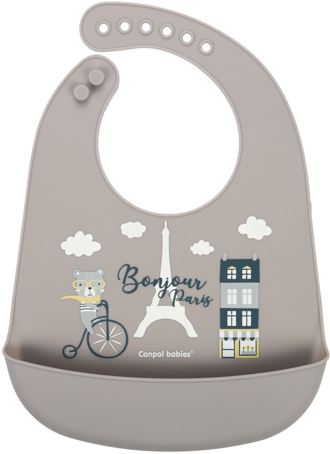 Canpol Babies podbradník silikónový s vreckom Bonjour Paris, béžový