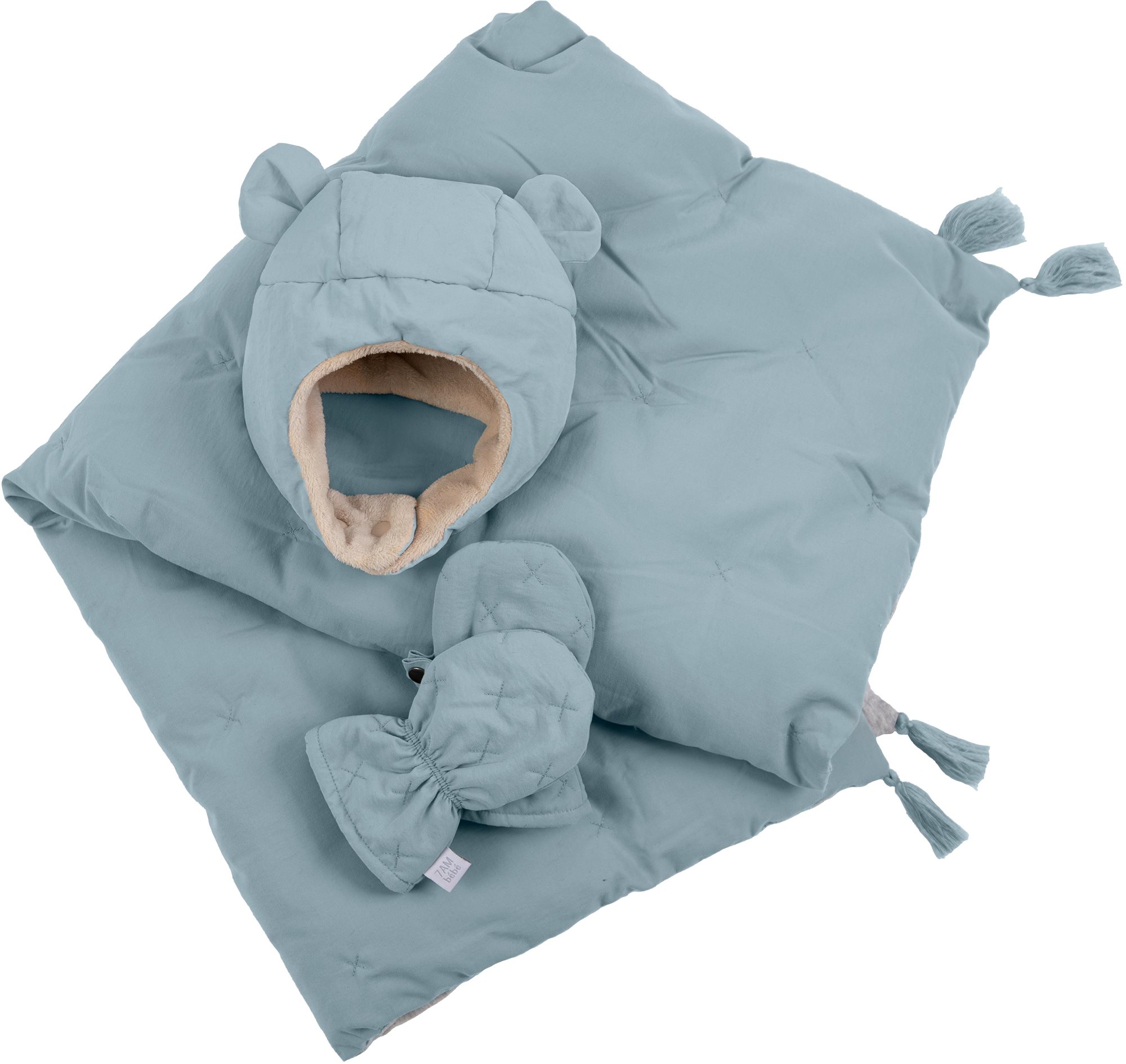 7AM Enfant komplet AIRY BLUE (0 – 6 mes.) – čiapka, rukavice, deka