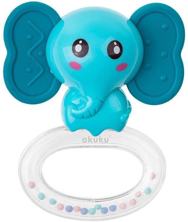 AKUKU silikónové hryzadlo s hrkálkou slon, modré