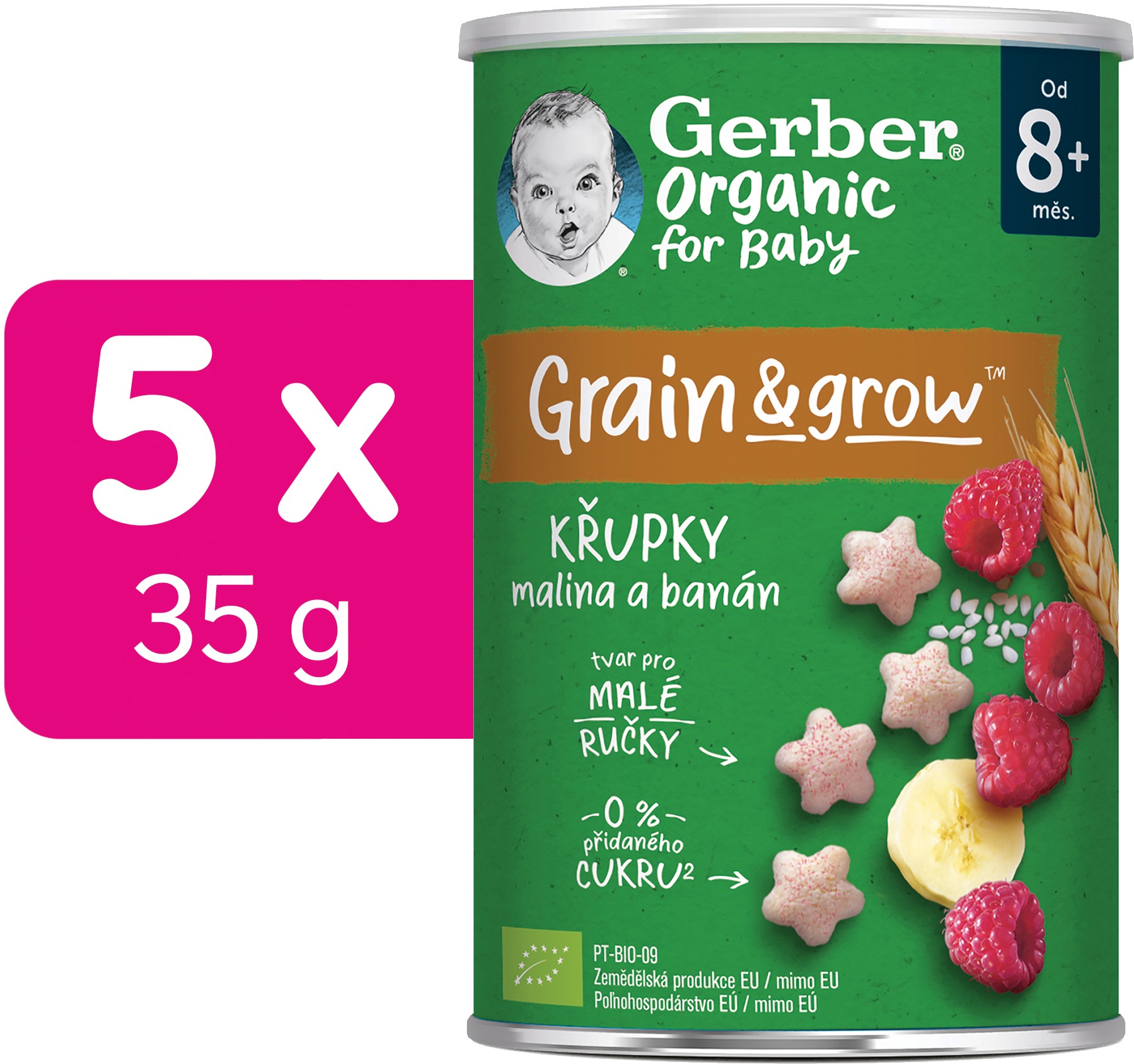 GERBER Organic chrumky s malinami a banánom 5× 35 g