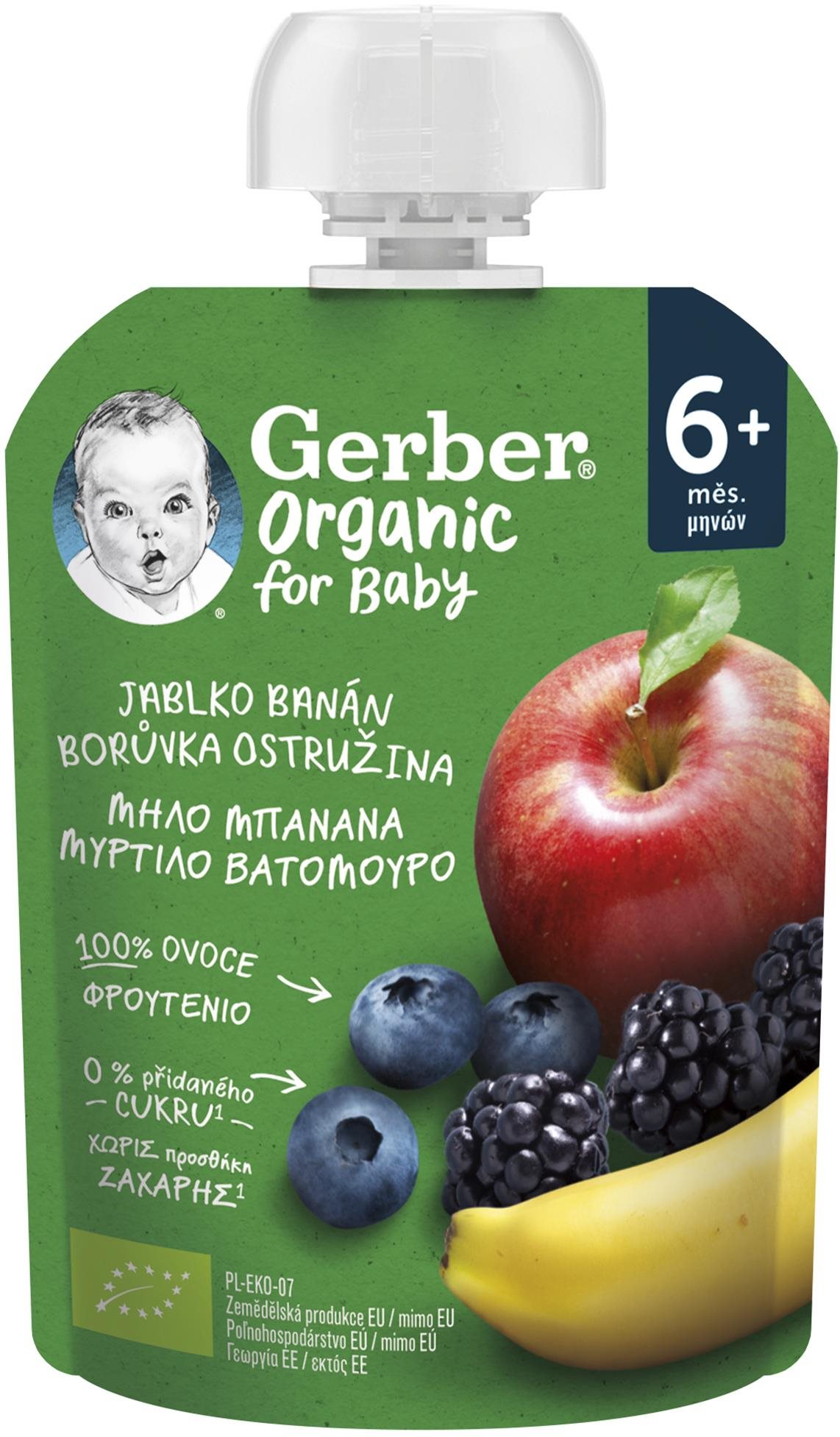 GERBER Organic vrecko jablko, banán, čučoriedka a černica 90 g