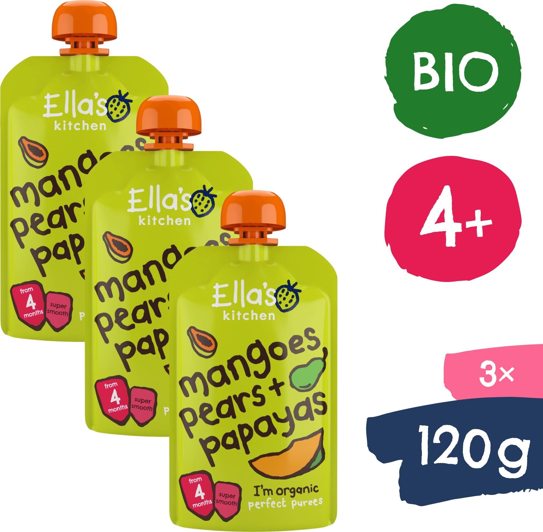Ella's Kitchen BIO Mango, hruška a papája (3× 120 g)