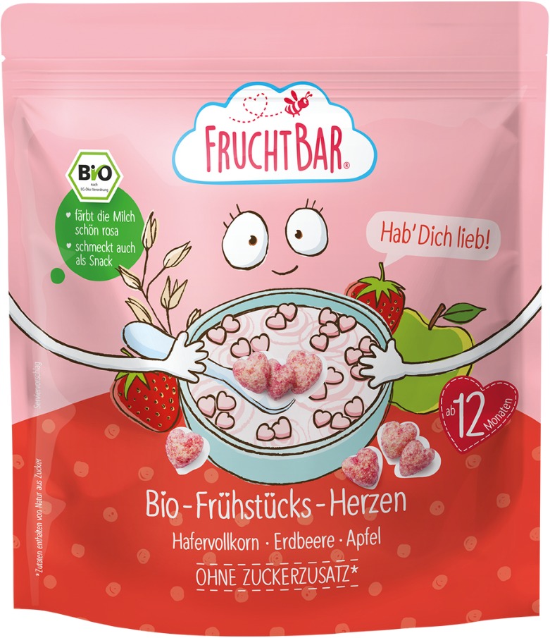 FruchtBar BIO Cereálie srdiečka s jahodami a jablkom 125 g