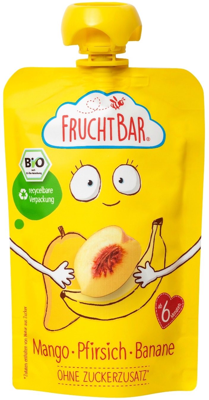 FruchtBar BIO ovocná kapsička s banánom, broskyňou a mangom 100 g