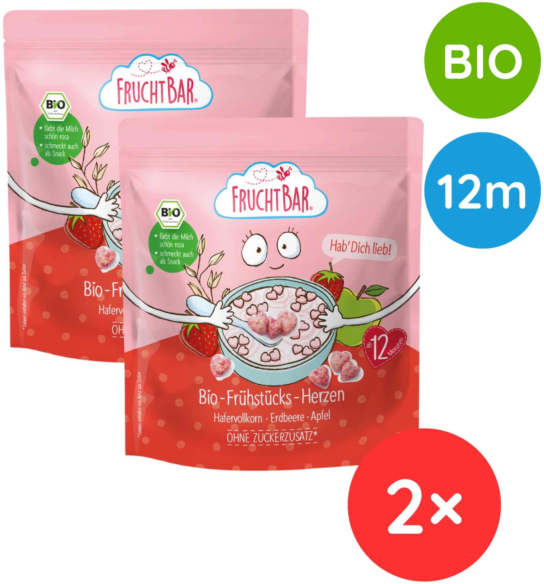 FruchtBar BIO Cereálie srdiečka s jahodami a jablkom 2× 125 g
