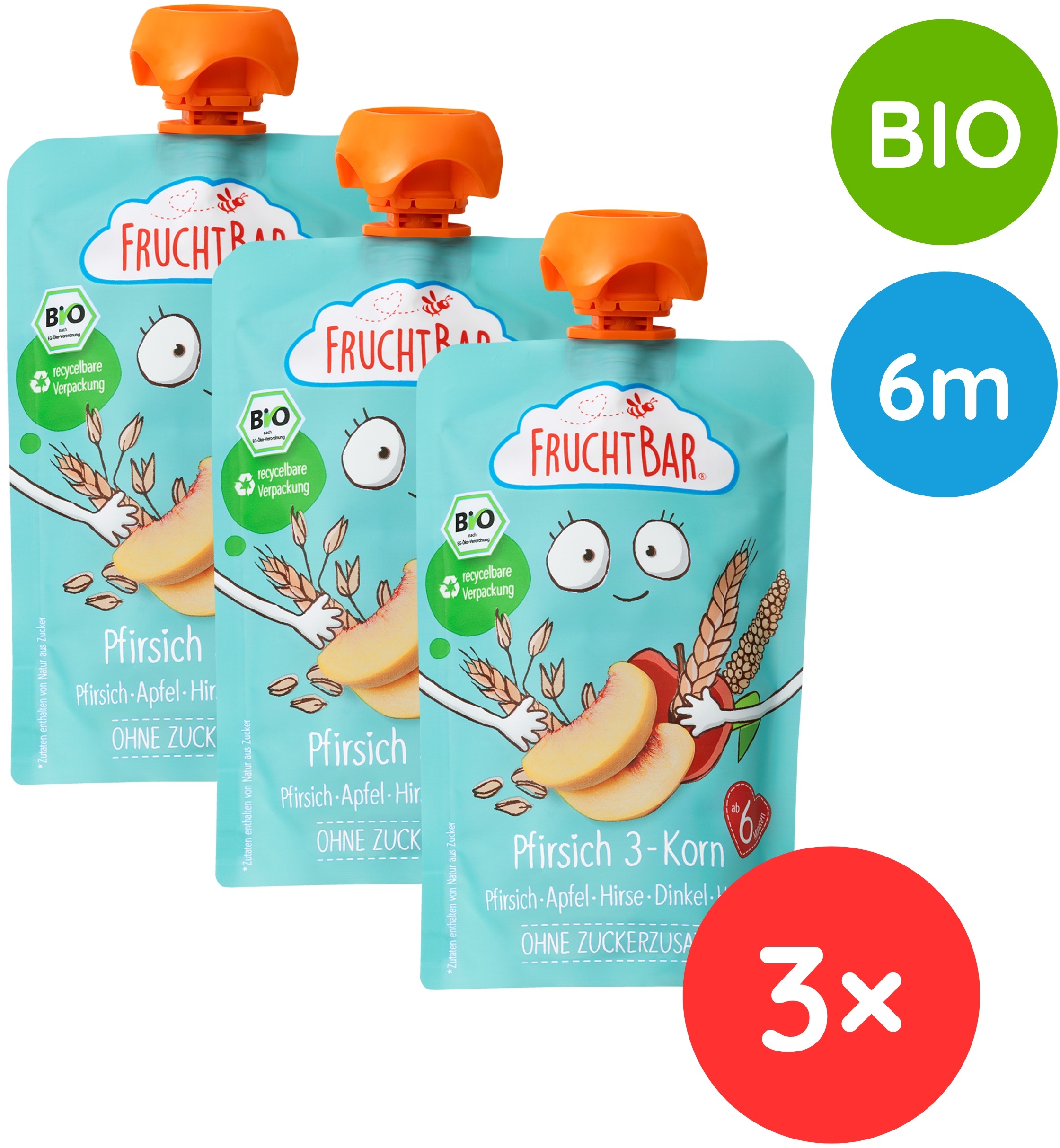 FruchtBar BIO 100 % recyklovateľná ovocná kapsička s jablkom, broskyňou, marhuľami a ovsom 3× 100 g