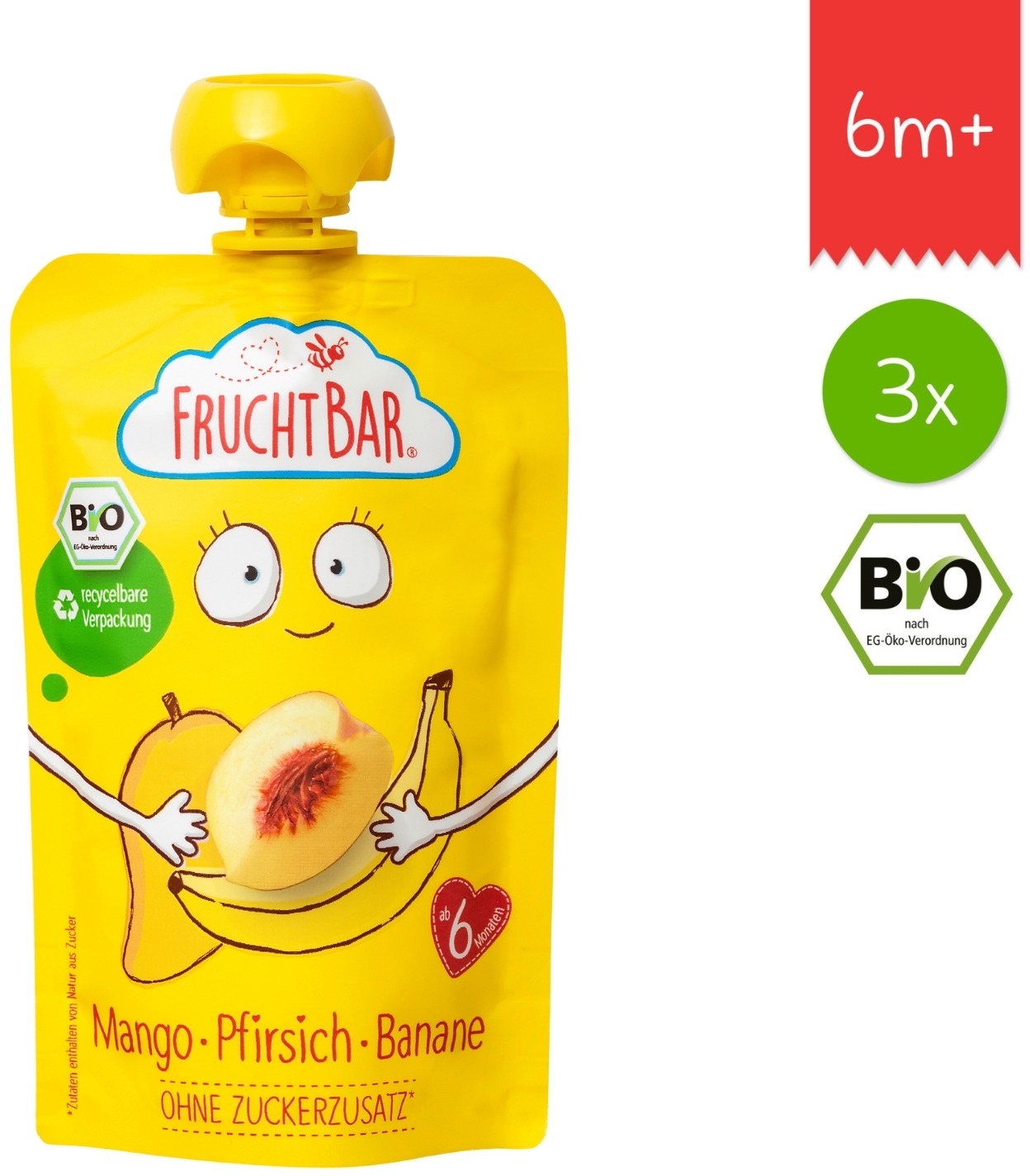 FruchtBar BIO ovocná kapsička s banánom, broskyňou a mangom 3× 100 g