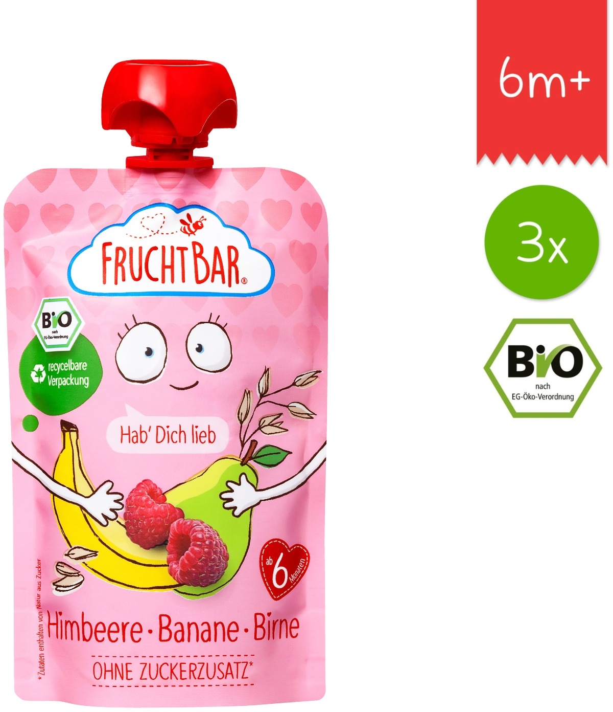 FruchtBar BIO ovocná kapsička s banánom, hruškou, malinami a ovsom 3× 100 g