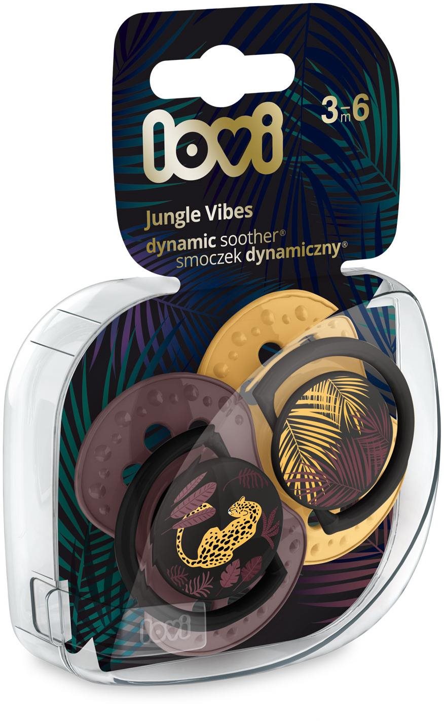 LOVI Jungle Vibes silikónový dynamický cumlík 3 – 6 m, žltá/červená 2 ks