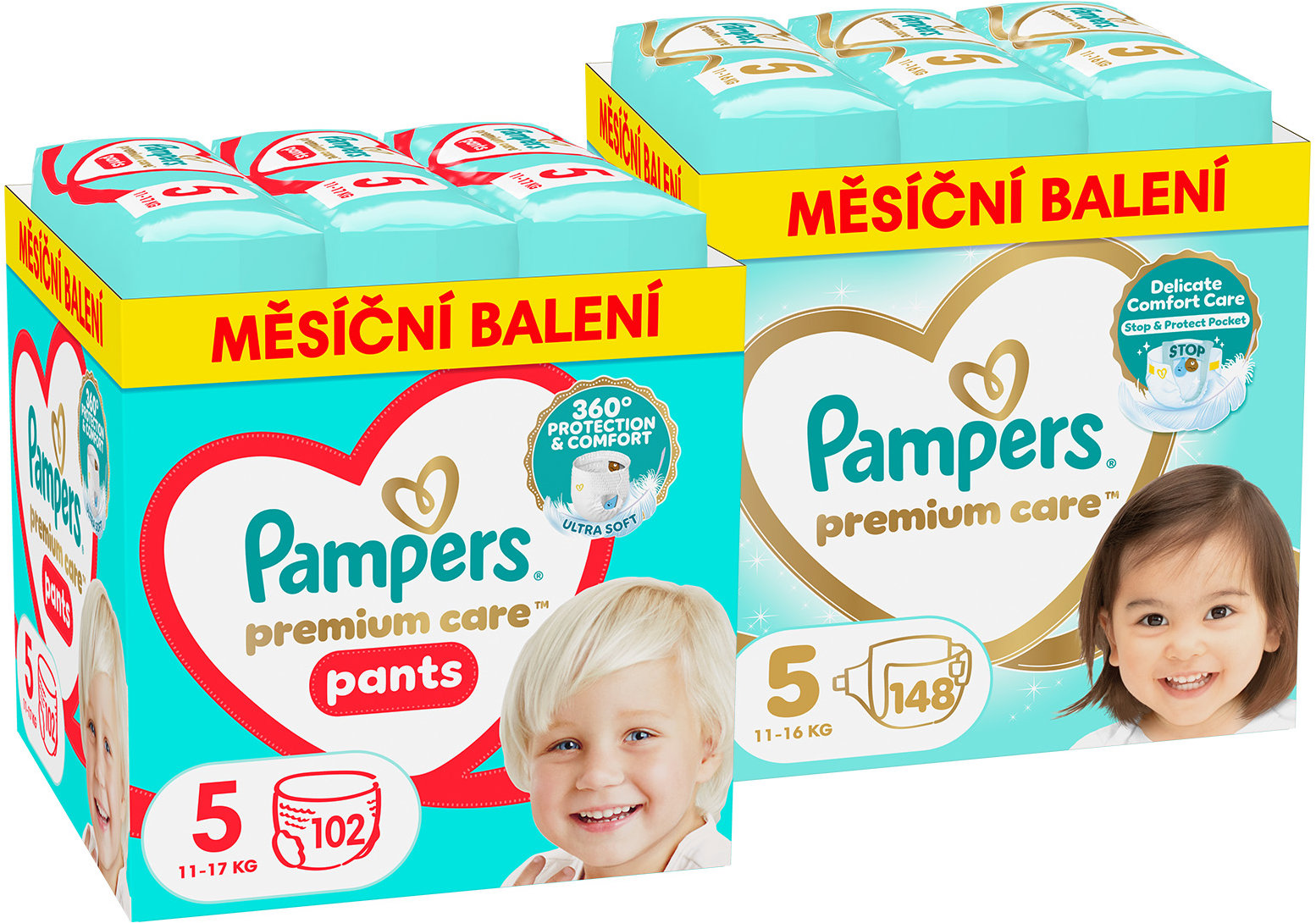 PAMPERS Premium Care veľkosť 5 (148 ks) + Premium Care Pants veľkosť 5 (102 ks)