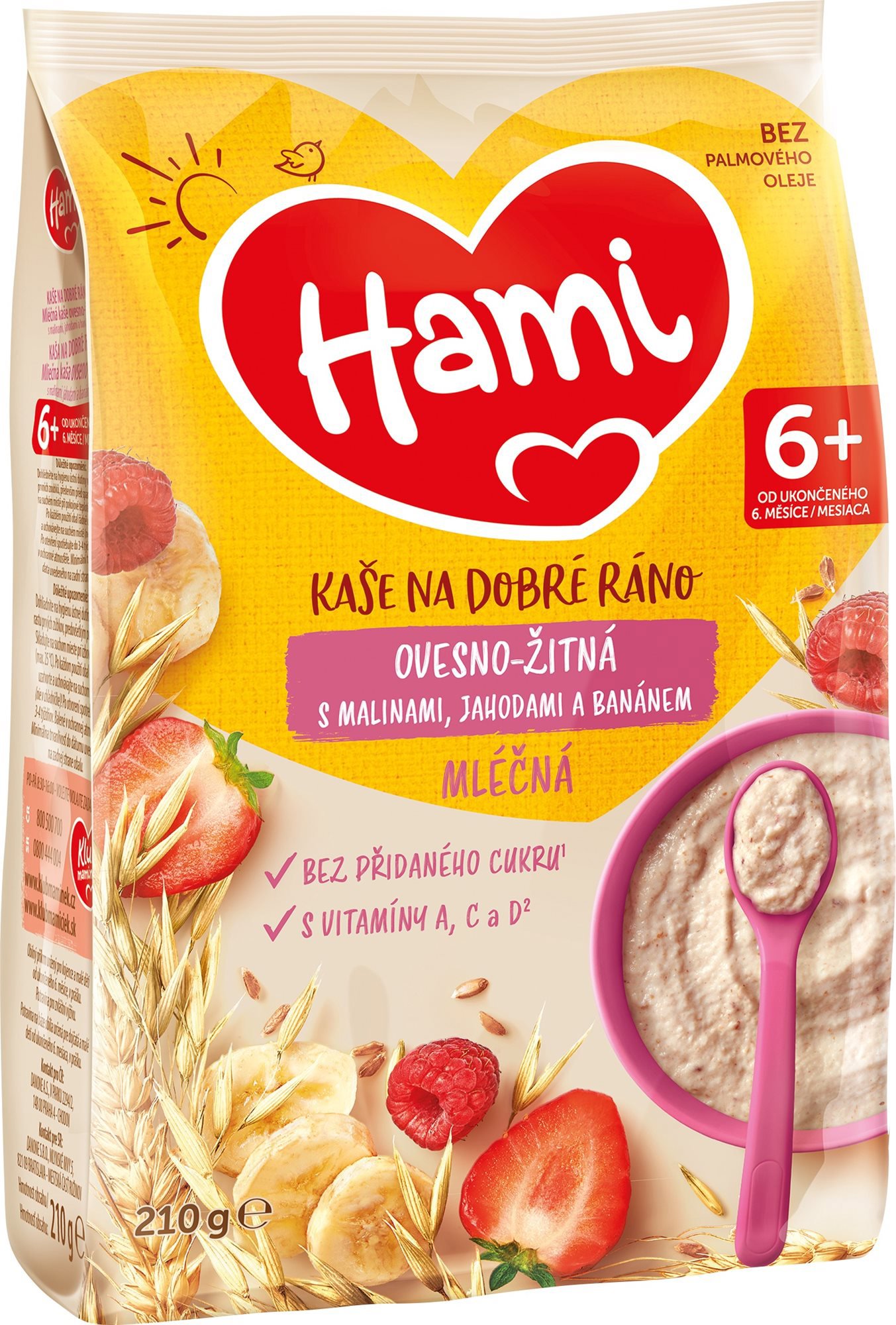 Hami mliečna kaša ovseno-žitná s malinami, jahodami a banánom 210 g