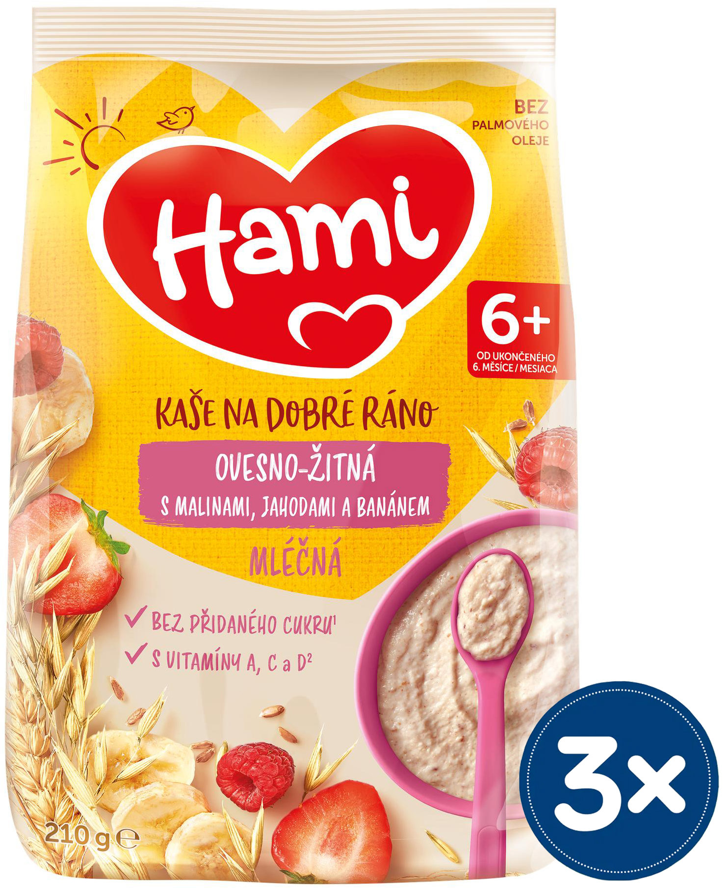 Hami mliečna kaša ovseno-ražná s malinami, jahodami a banánom 3× 210 g