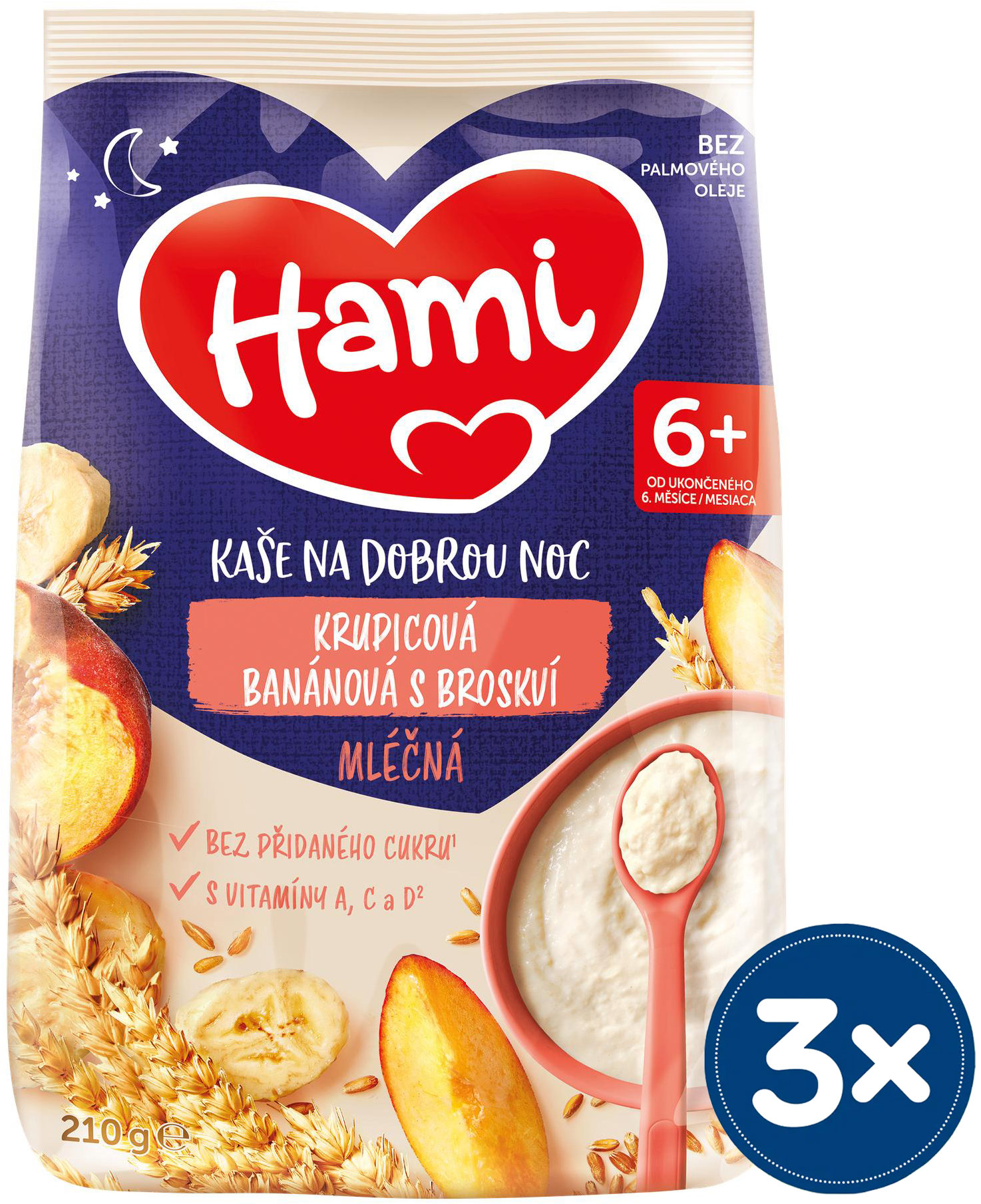 Hami mliečna kaša krupicová, banánová s broskyňou 3× 210 g
