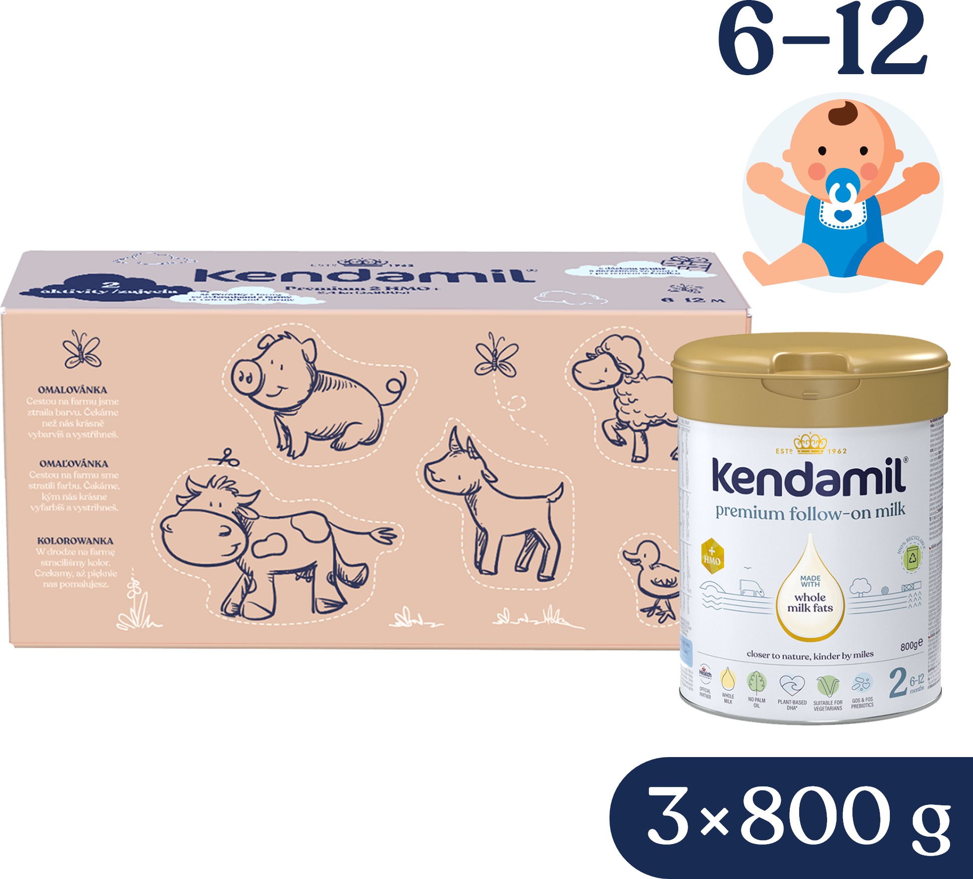 Kendamil Premium 2 HMO+, 2,4 kg (3× 800 g), kreatívny box s darčekom