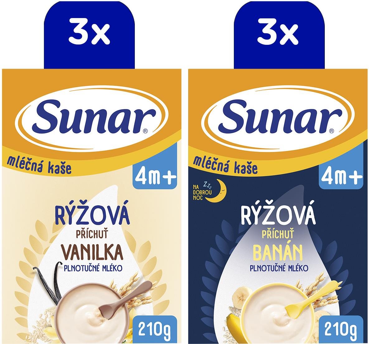 Sunar mliečna ryžová kaša mix príchutí 4 m+, 6× 210 g