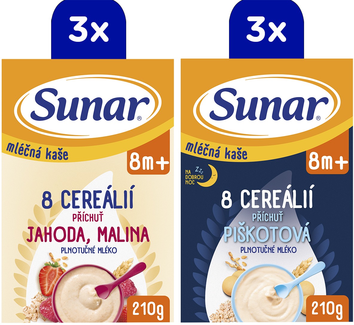 Sunar mliečna kaša 8 cereálií mix príchutí 8 m+, 6× 210 g